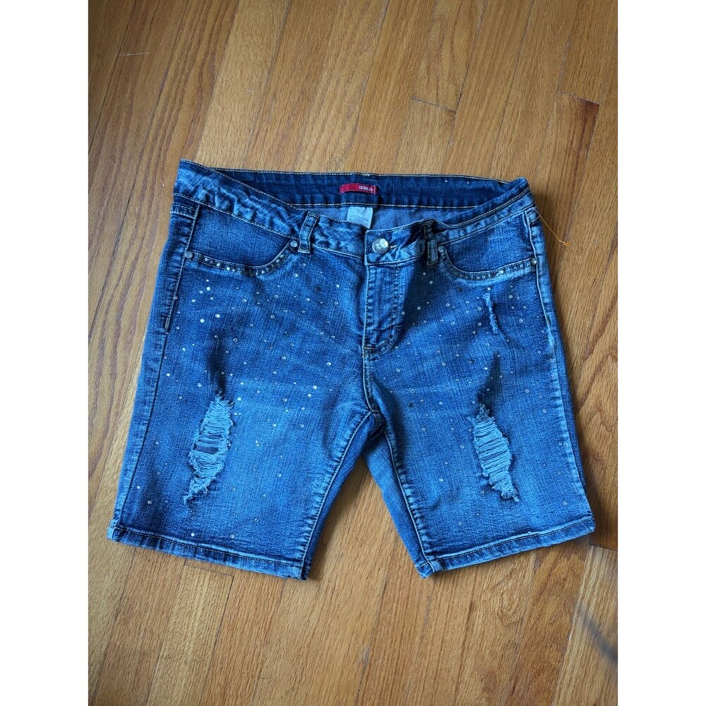 Y2K Bongo Glitter Stud 7” Denim Bling Shorts